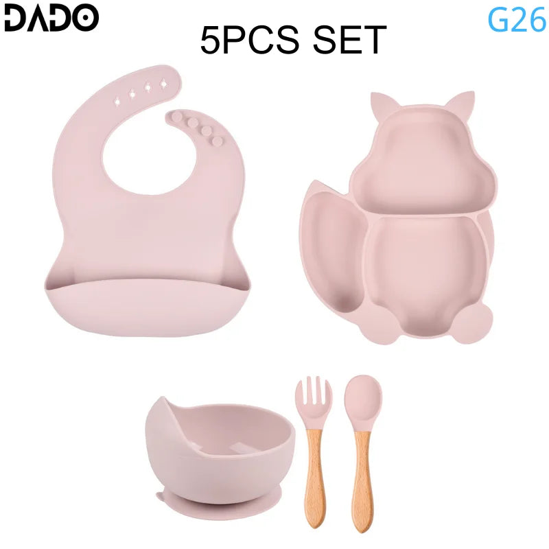 Baby Feeding Set Silicone Suction Bowls Divided Plates Straw Sippy Cup Toddler Self Eating Utensils Dishes Kit Bibs Spoons Fork