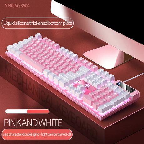 Pink Keyboard and Mouse Set 2 in 1 Combos Wired 104 Keys Pink Keyboard with LED Backlit and 1600DPI Mouse with RGB Backlit