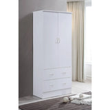 wooden wardrobe bedroom closet, Cabinet equipped with clothes drying rod and 2 storage drawers, White wardrobe