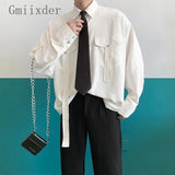 Gmiixder Cargo Long-sleeve Shirt with Tie Men's Oversize Kpop Shirt Korean Streetwear Versatile Motorcycle Pocket Streamers Coat