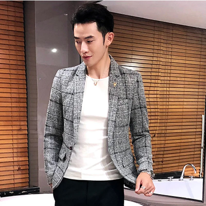 2023 New Men's Casual Plaid Suit Jacket Male Linen Plaid Business Self-cultivation Wedding Dress Party Suit Coat Plus Size S-5XL