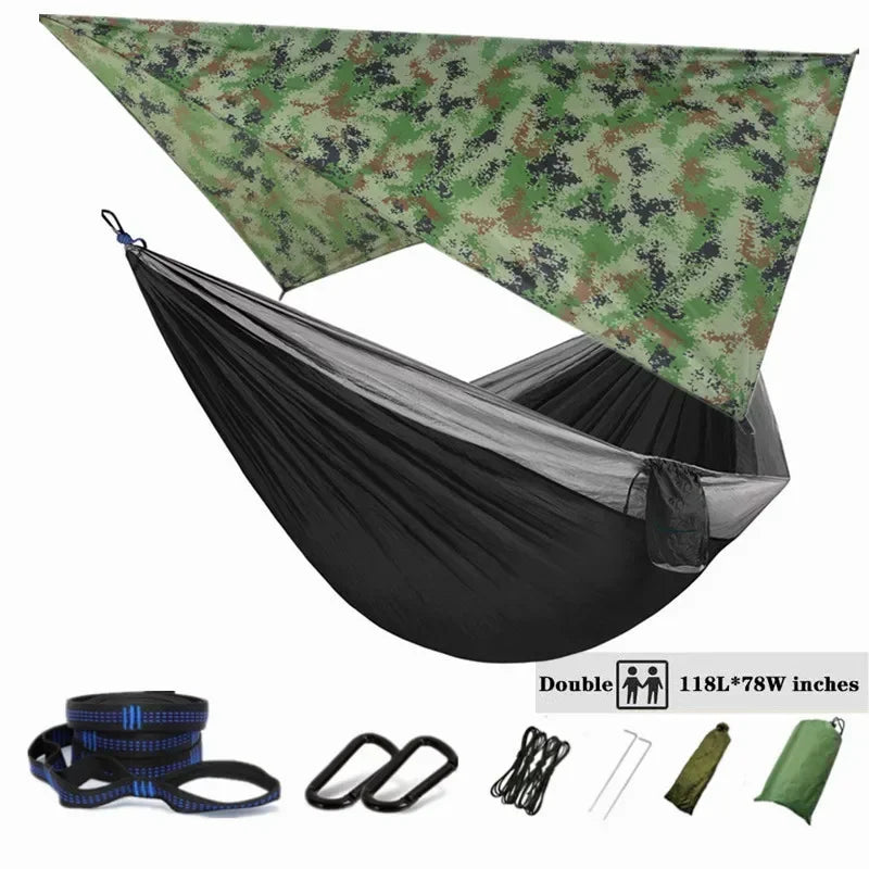 Oversized Double 118inx79in Hammock with Tree Straps and Rain Fly, Indoor Outdoor Backpacking Survival & Travel Camping Hammock