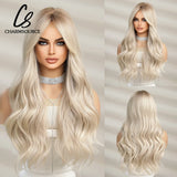 CharmSource Blonde Wavy Wig with Bangs Party Dresses for Women Natural Synthetic Hair Daily Cosplay Heat Resistant Fiber Wig