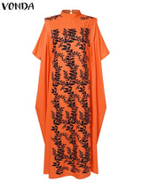 Plus Size VONDA Women Printed Maxi Dresses Summer Long Robe 2023 Bohemian Stand Collar Vestidos Casual Loose Sundress Baggy