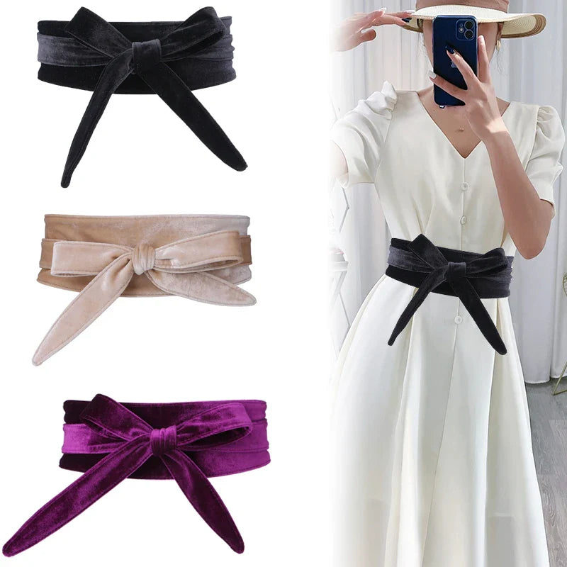 Fashion Women‘’s Velvet Dress Waist Belts Wide Corset Cinch Belts Ladies Bowknot Self Tie Wrap Around Obi Waist Band Cummerbunds