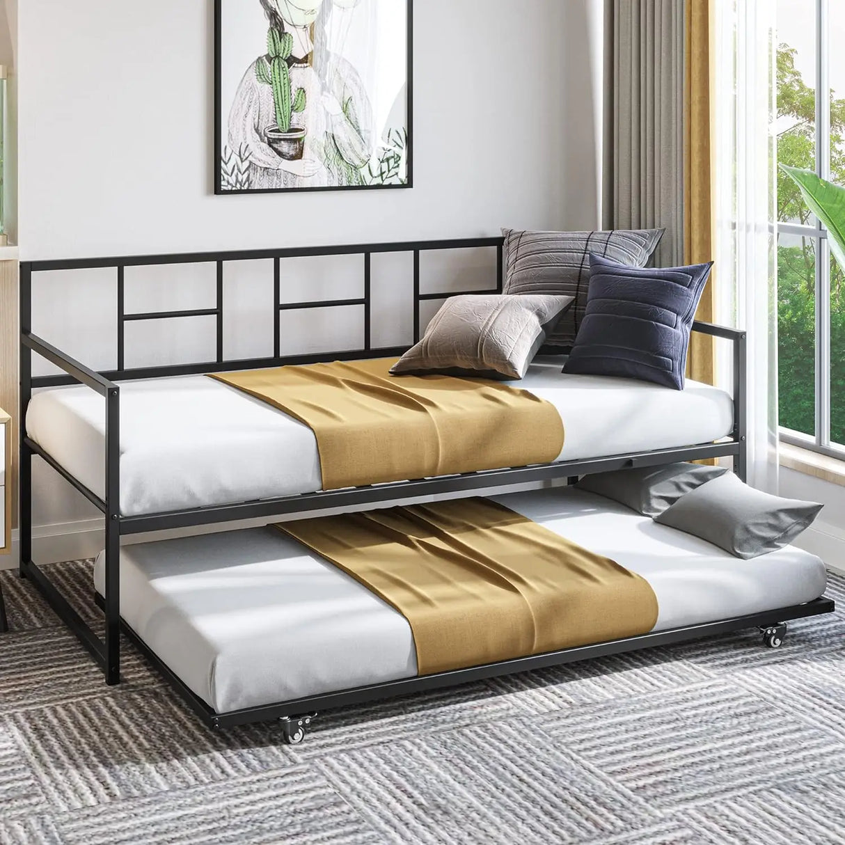 Twin beds with pull-out rests, steel plate supports, height-adjustable beds, multifunctional furniture