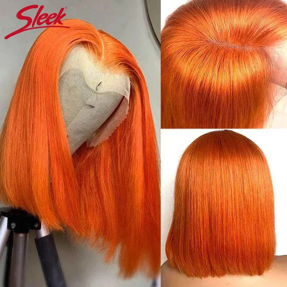 Sleek Ginger Orange Lace Front Short Bob Wigs Highlight P4/27# Brazilian Human Hair Wigs 200% Density Natural Remy Human Hair