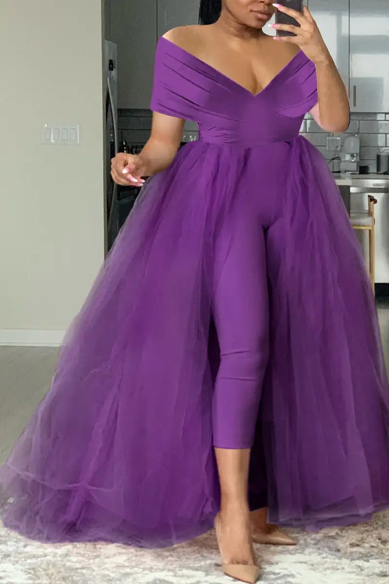 Plus Size Formal Casual One Piece Outfit Solid Off The Shoulder V Neck Tulle Jumpsuit (With Tulle Skirts)