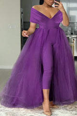 Plus Size Formal Casual One Piece Outfit Solid Off The Shoulder V Neck Tulle Jumpsuit (With Tulle Skirts)