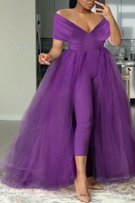 Plus Size Formal Casual One Piece Outfit Solid Off The Shoulder V Neck Tulle Jumpsuit (With Tulle Skirts)