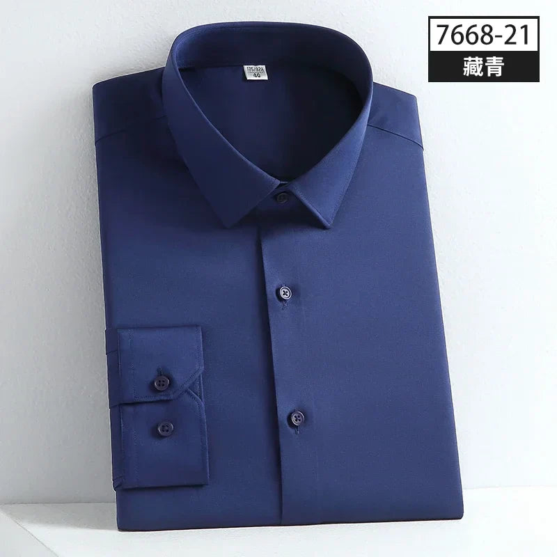 2023  Long Sleeve Elastic Male Formal Solid Regular Fit Business Men Dress Shirts without Front Pocket Stretch