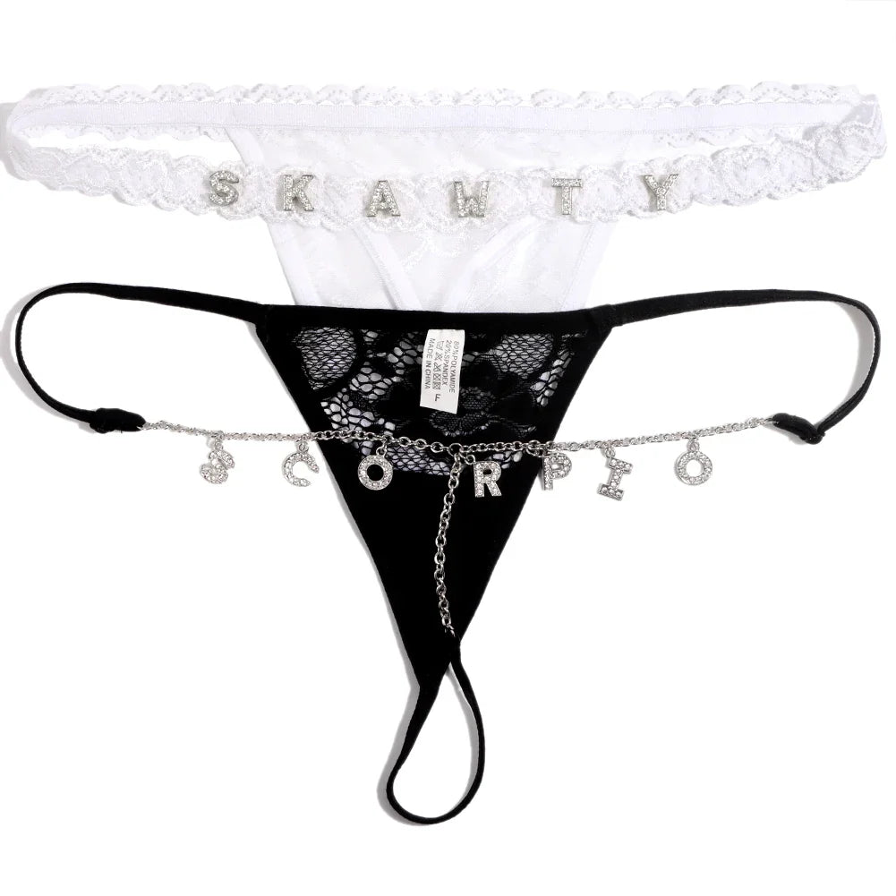 2PCS/set Mesh Lace Thong Panties With Customize Crystal Letters DIY Name Waist Chain Bikini Underwear Body Jewelry Couple Gifts