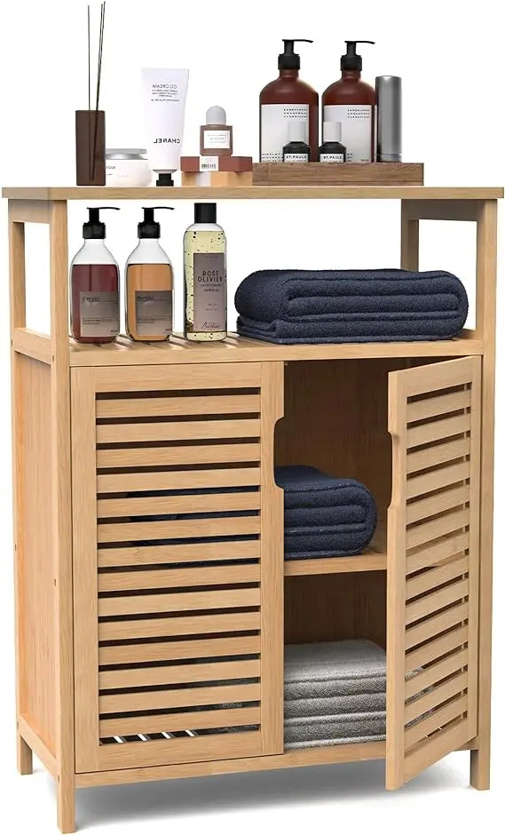 Purbambo Bathroom Bamboo Storage Cabinet, Freestanding Floor Cabinet with Door and Shelf for Bathroom, Living Room, Bedroom,