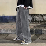 Korean Fashion Men's Baggy Jeans Elastic Waist  Classic olid Color Straight-leg Denim Wide-leg Pants Male Light Blue Grey Black