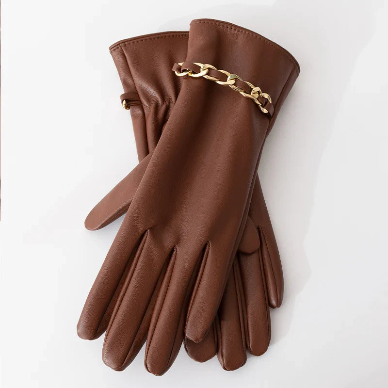 Fashion Chain Women' PU Leather Gloves Winter Warm Plus Velvet Thicken Full Finger Outdoor Riding Touch Screen Driving Mittens