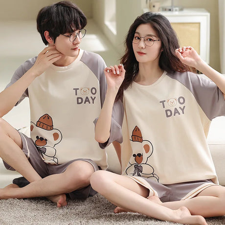 Summer 3XL Short Pajama Sets Couples Short Pants Cartoon Bear Sleepwear Women's Pajamas Lounge Men Home Pijama Mujer Hombre