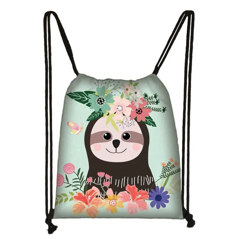 Cute Animal Sloth Alpaca Drawstring Bags Women Storage Bag for Travel Ladies Softback Backpack Teenager Girls Bookbag Gift