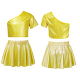 Kids Girls Street Hip Hop Dance Costumes Cheerleading Outfit Metallic Shiny One Shoulder Crop Top with Skirt Set Girl Dance Wear