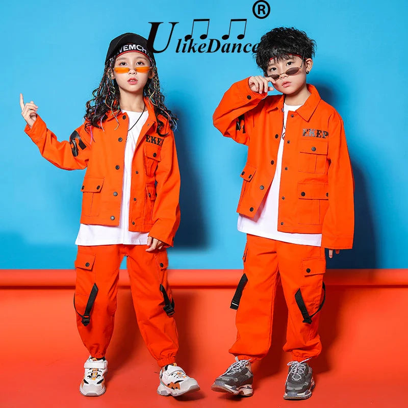 Kids Jazz Costumes Orange Long Sleeve Jacket Pants Girls Street Dance Clothes Boy Hip Hop Outfits Children Modern Dancewear Kpop