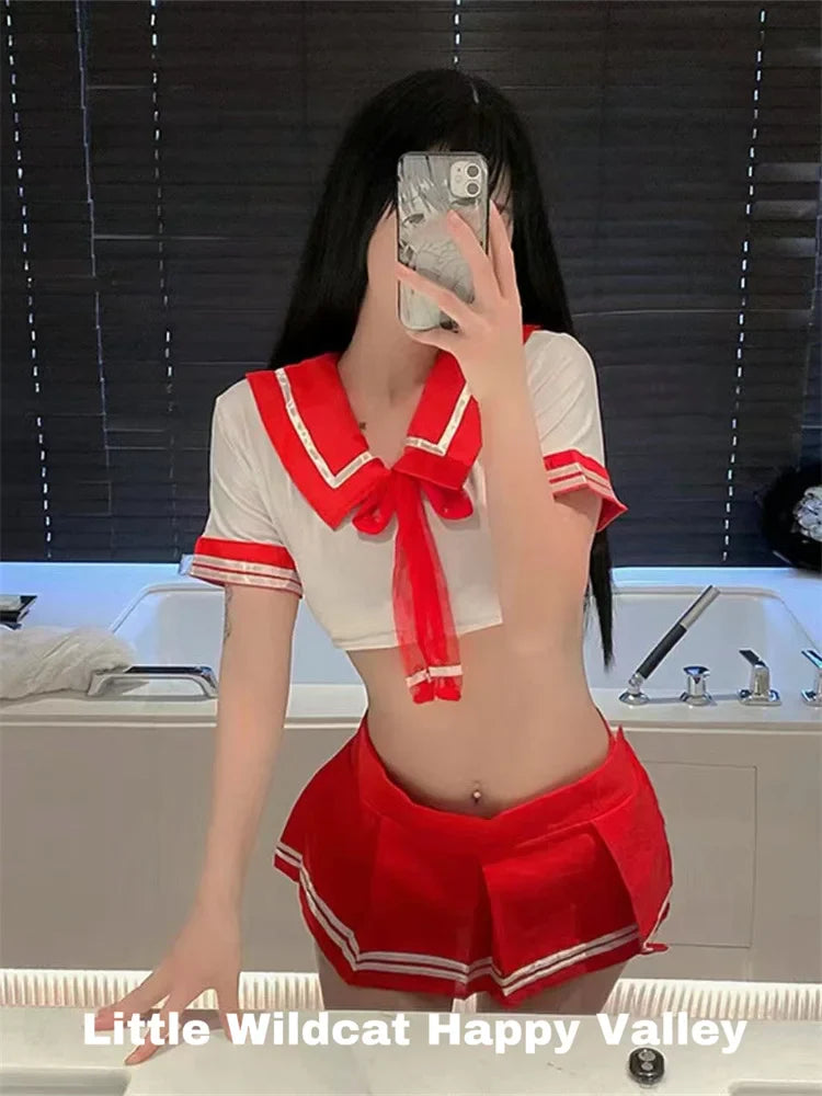 Sexy Lingerie School Student Uniform Role Play Costume Women Cute Mini Skirt Tight Blouse Set Porn College Girl Cosplay Anime