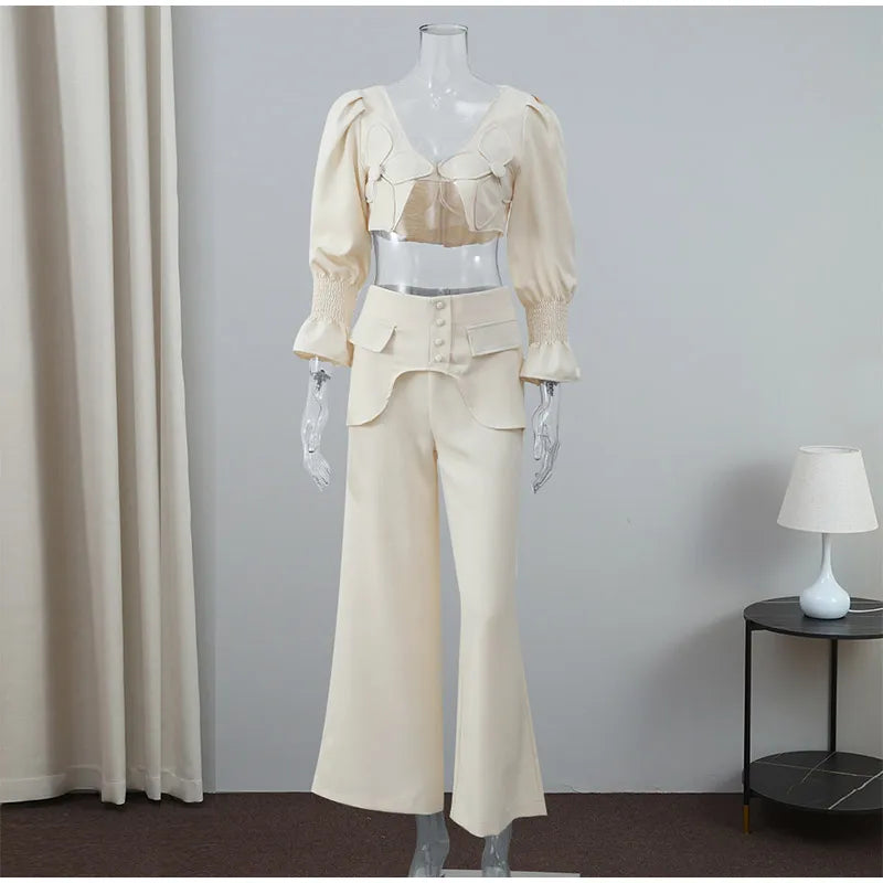 Women Elegant 3d Flower High Waist Wide Leg Pants Suit Chic V Neck Long Flare Sleeves Crop Top Set Female Fashion Outfits 2024