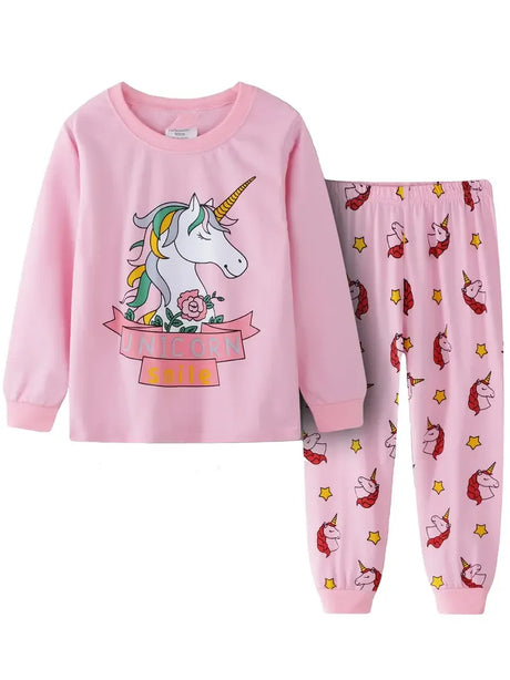 Girls Unicorn Print Casual Pajamas, Lounge Wear Homewear, Long Sleeve Top & Matching Pants Set Kids Clothes