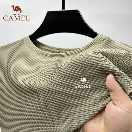 High End Embroidered CAMEL Ice Silk Mesh Short Sleeved T-shirt for Men's Summer Fashion Casual Breathable Short Sleeved Polo Top