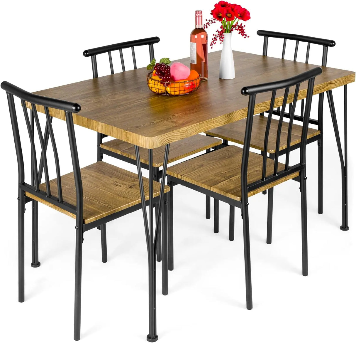 5-Piece Metal and Wood Indoor Modern Rectangular Dining Table Furniture Set  / 4 Chairs - Drift Brown