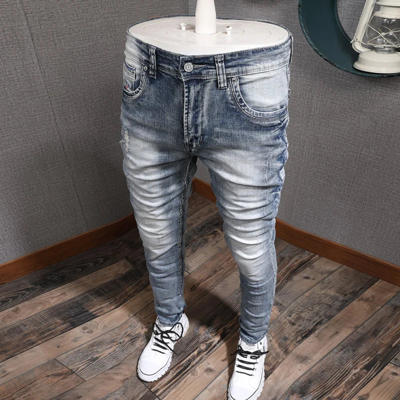 Fashion Designer Men Jeans Retro Light Blue Stretch Slim Fit Printed Ripped Jeans Men Hole Trousers Vintage Casual Pants Hombre