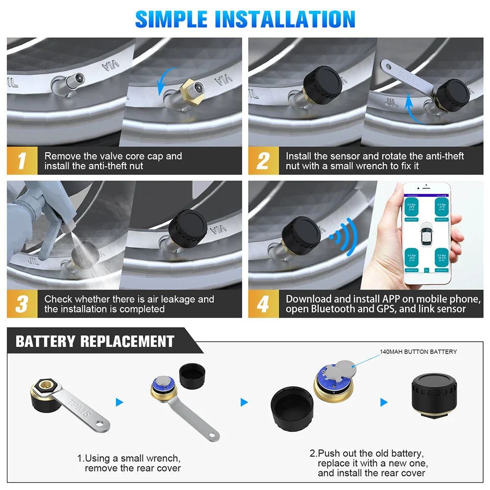 Car TPMS Tire Pressure Monitoring System Bluetooth 5.0 Mobile Phone Display Motorcycle Car Tyre Pressure Sensor for lOS Android