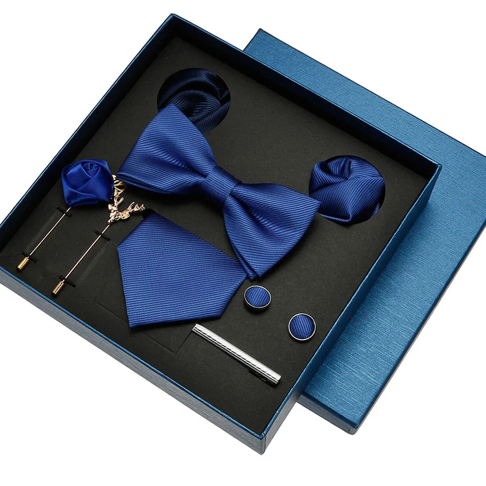 8pcs Luxury Mens Ties Set In Gift Box 100% Silk Neck Tie With Festive Wedding Bowtie Pocket Squares Cufflinks Clip Brooches Suit