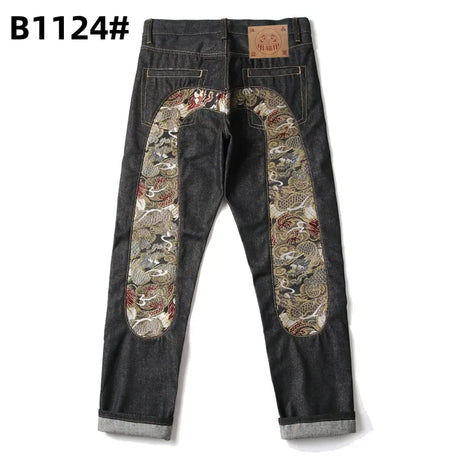 Printed trendy brand personality jeans for men and women casual slim straight tube national trend washed loose all-match pants