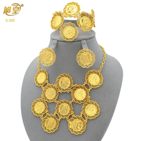 African 24K Gold Color Coins Necklace Bracelet Sets For Women Dubai Luxury Choker Designed For Women Wedding Party Jewelry Gift