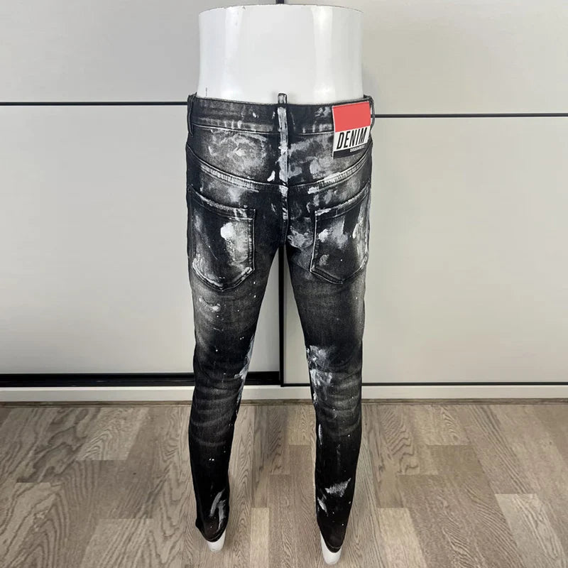 High Street Fashion Men Jeans Retro Black Gray Elastic Slim Fit Ripped Jeans Men Painted Designer Hip Hop Brand Pants Hombre