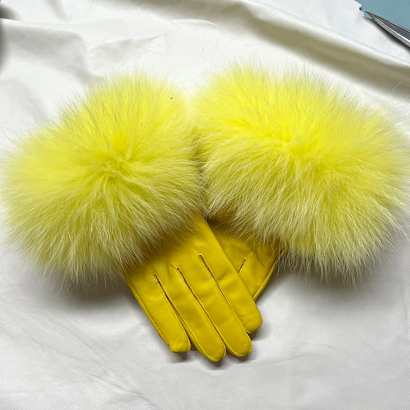 Real Sheepskin Fox Fur Gloves Women's Genuine Leather Glove Winter Warm Fashion Style Natural Fluffy Fox Fur Oversized Customize