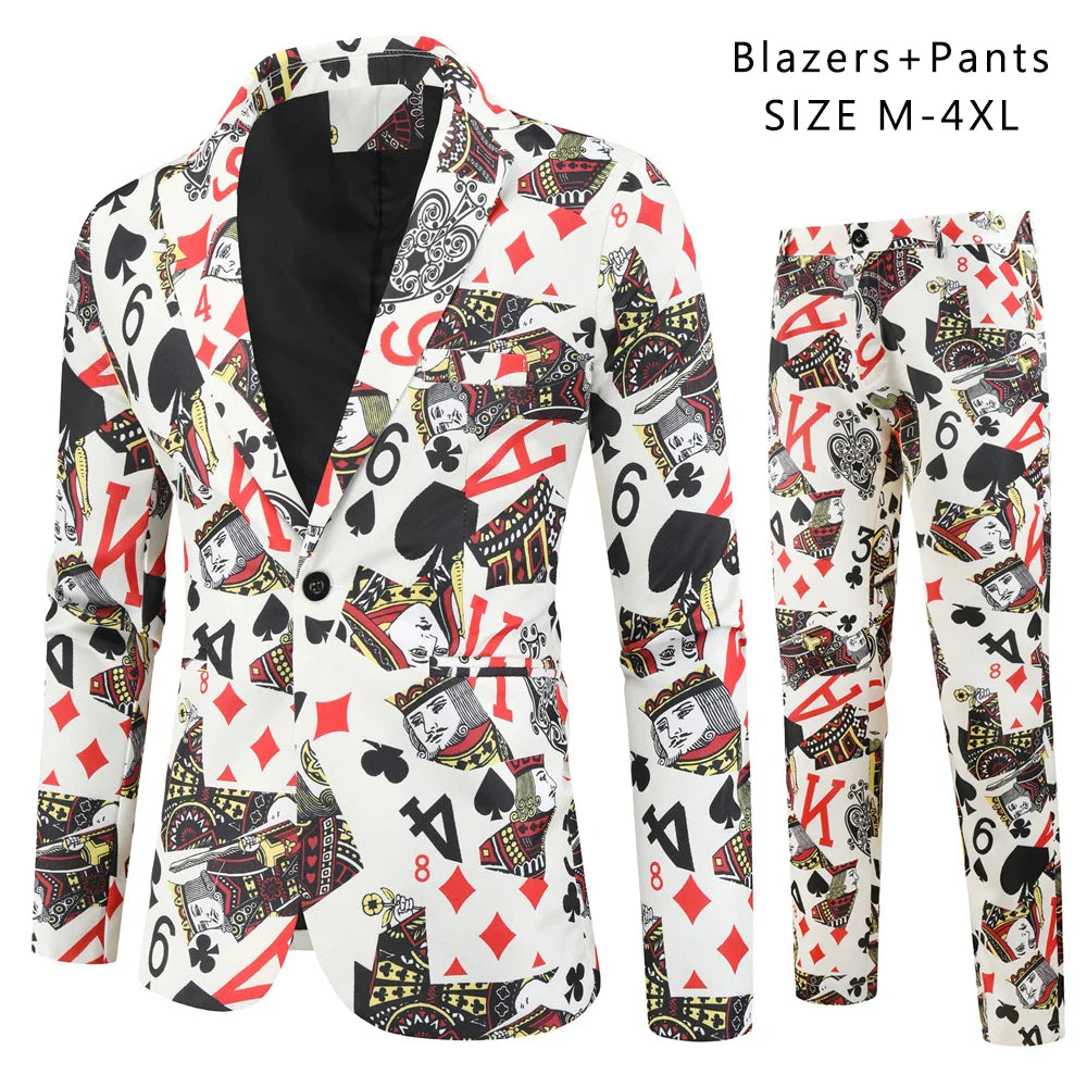 Red Printed Two-piece Men's Christmas Suit (Jacket + Pants) Stylish Male Blazer Coat with Trousers Black Green Blue S-4XL