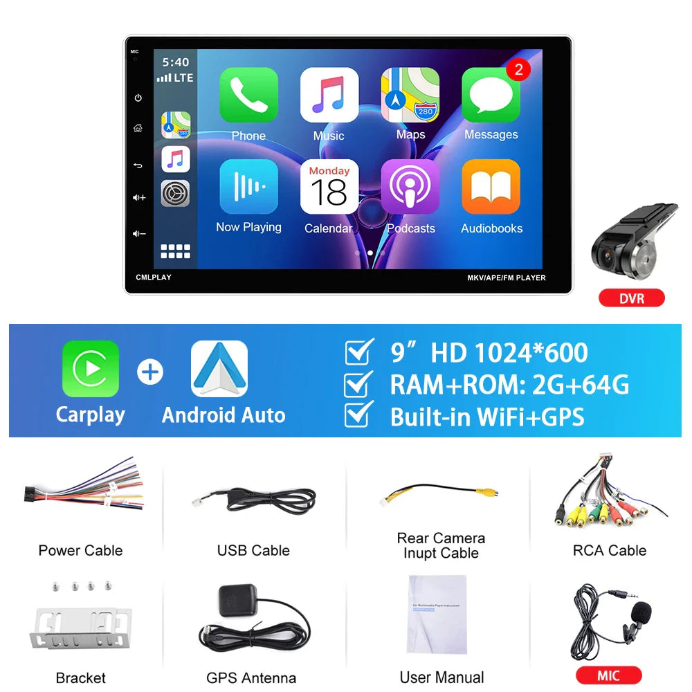 Podofo 1Din Android Car Radio 9'' 2+64G Automotive Multimedia Carplay Android Auto WIFI GPS Navigation Intelligent Car System