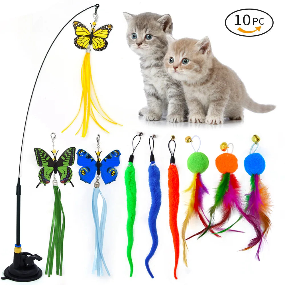 Interactive Cat Toy Handfree Cat Stick Playing Kitten Playing Teaser Wand Toy Suction Cup Bird/Feather Cat Wand Toys Set