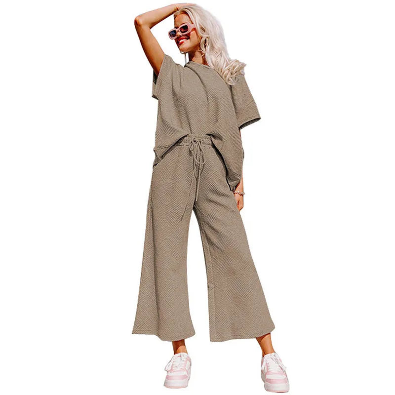 Spring Summer Casual Solid Short Sleeve T-shirt Wide Led Pant Sets Drawstring Elastic Waist Trouser Suit Sports Women Outfits