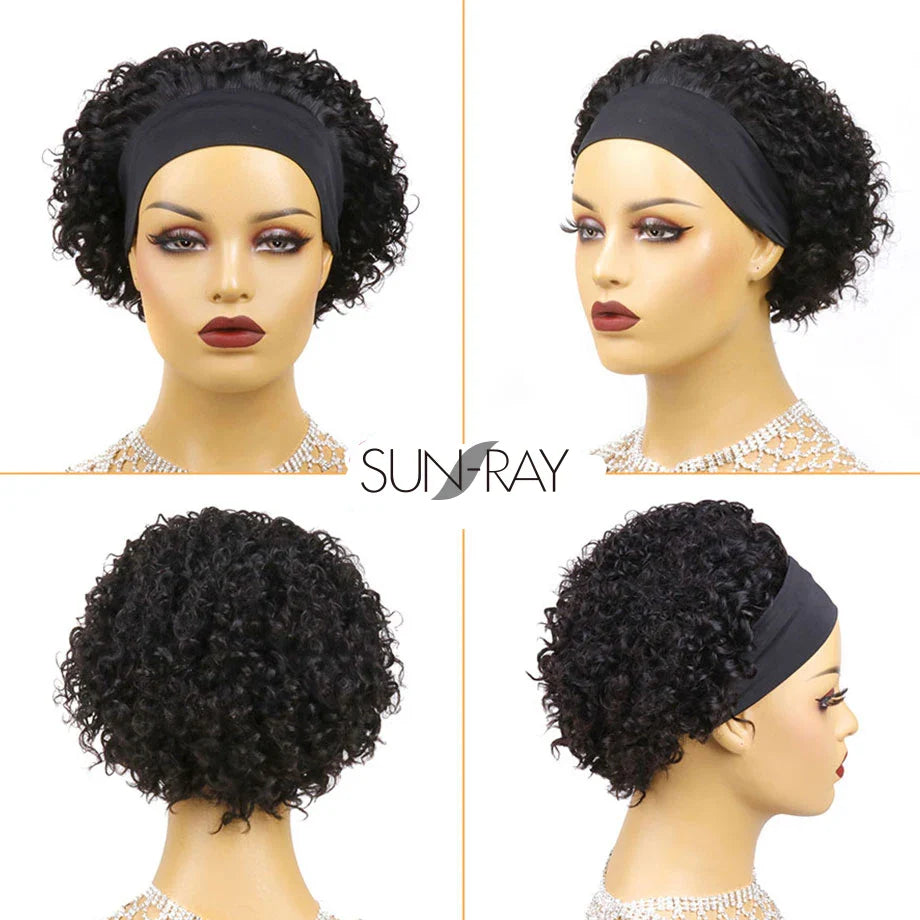 Short Curly Pixie Cut Headband Wig Water Wave Remy Brazilian Human Hair  Scarf  Wigs For Black Women Glueless Machine Made  Wig