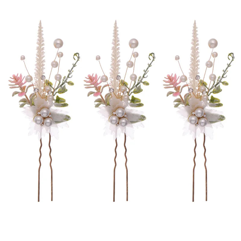 3PCS Flower Hairpin Bride Headdress For Women Pearl Mesh U-shaoped Hair Clips Fashion Girls Wedding Hair Accessories Jewelry