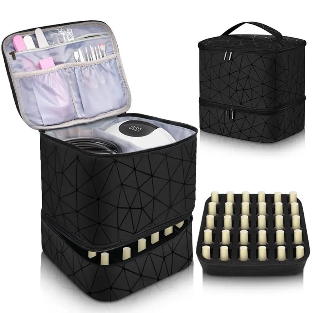 30 Grids Nail Organizer Black/Pink Double Layer Manicure Bag with Handle PU Nylon Makeup Bag Cosmetic Organizer Bag Handbag