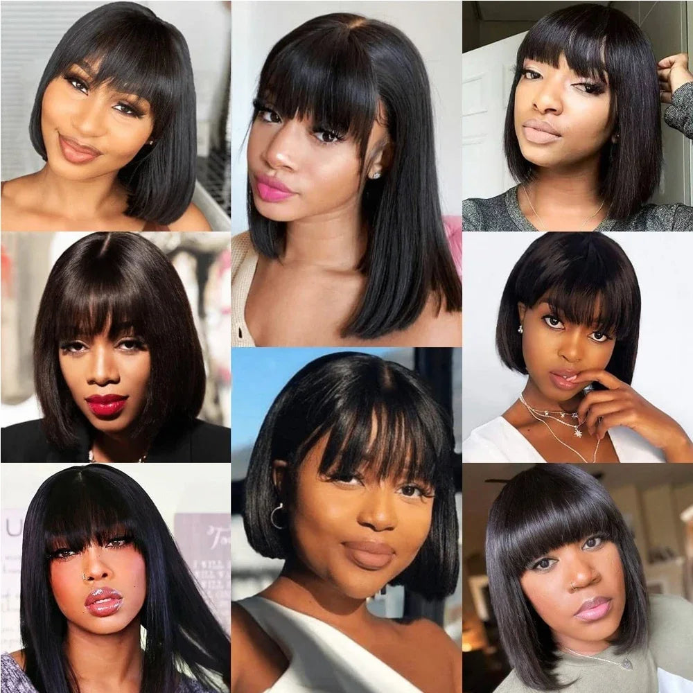 Short Bob Wig With Bangs Brazilian Remy Human Hair Wigs Full Machine Lace Realistic Scalp Glueless Straight Bob Wig With Bangs