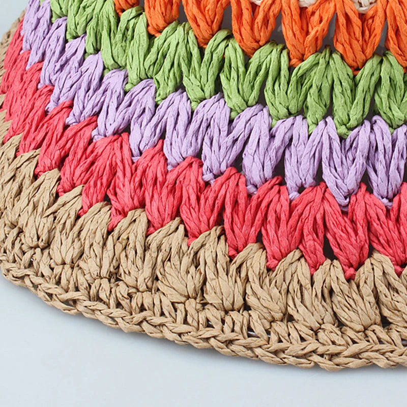 New Colorful Striped Knitted Hat for Women Spring Summer Sunscreen Bucket Hats Girls Sweet Casual Cap Beach Vacation Straw Hat