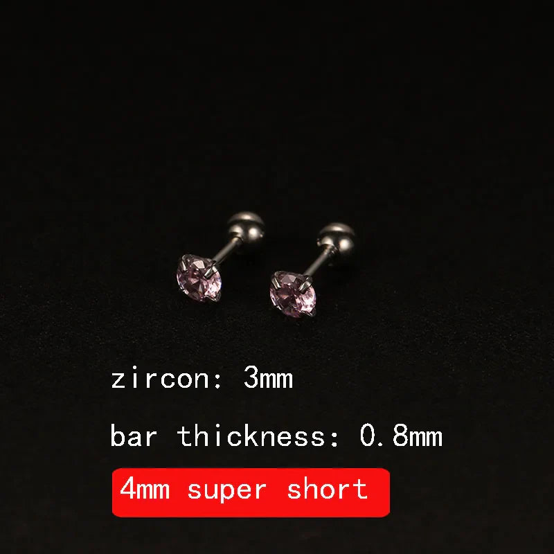 2PCS 4mm Short Ear Studs Earring Outside Upper Helix Earrings Titanium Steel CZ Crystal 3mm 4mm 5mm Mix Colors 0.8mm 20G Screw