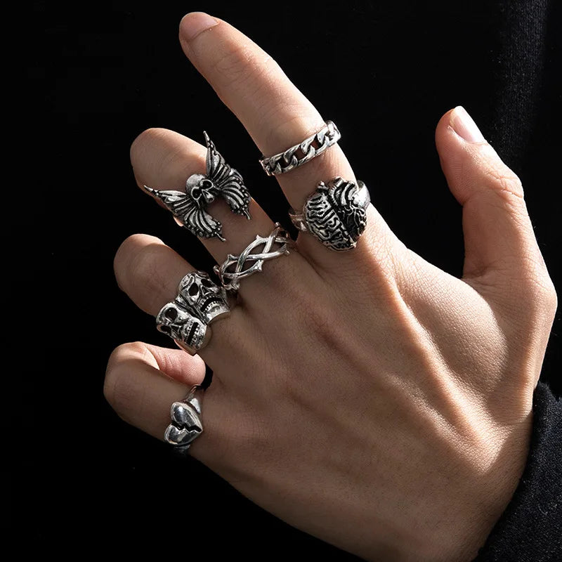 6Pcs Punk Poker Joker Silver Color Rings Set for Men Goth Skeleton Billiards Set Couple Emo Fashion Jewelry Anillos Hombre