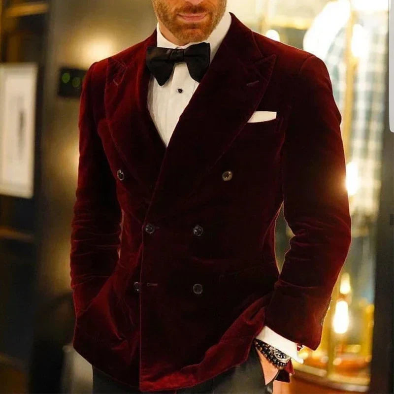 Velvet Smoking Jacket for Men Double Breasted Burgundy Suit Blazer Slim Fit Prom Party 1 Piece Groom Fashion Coat 2024