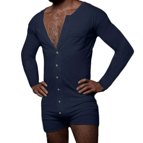 New 2024 Men's Sexy Pajamas Sets Casual One Piece Men Long Sleeve Solid Romper Single-breasted Jumpsuit Sleepwear Nightwear Male