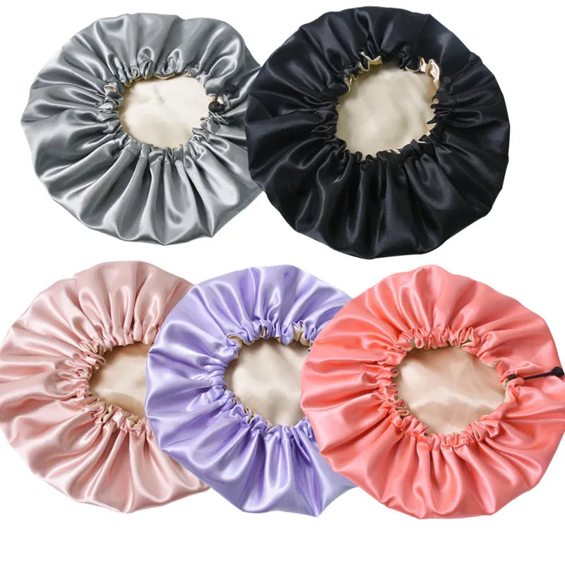 Ladies Satin Nightcap Solid Color Simple Drawstring Adjustable Hair Care Bandana Double Sided Shower Cap Chemo Head Cover