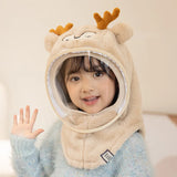 One Piece Hood Winter Windproof Plush Hat Face Cover Mask Cartoon Embroidery Beanie Warm Caps Neck Flap Child Scarf Baby Ski Cap